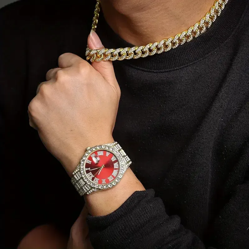 Men's Hip Hop Quartz Watch Set with Date Feature, Electronic Drive, Alloy Case & Band, Street Style, Pointer Display, Includes Cuban Link Chain Necklace & Adjustable Strap Accessory - 4 Piece Jewelry Ensemble 5 sales