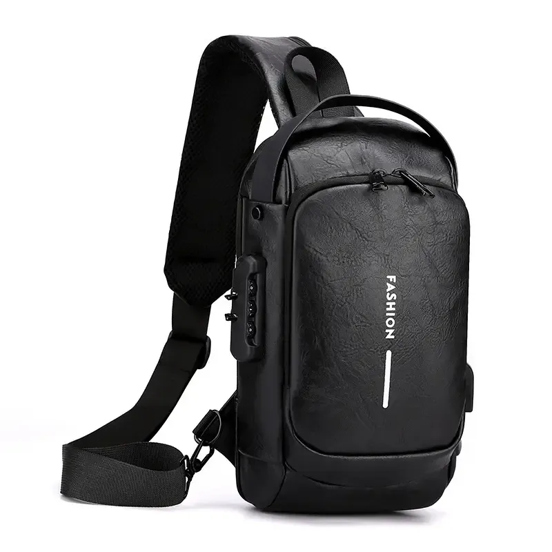 Men's stylish durable PU crossbody bag with security password lock Adjustable shoulder straps for travel, sports, daily commuting