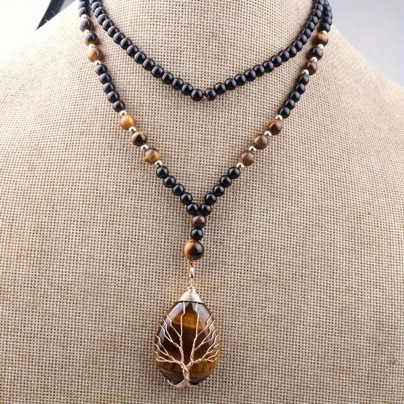 Bohemian Style Natural Tiger's Eye Stone Tree of Life Pendant Necklace for Men and Women – Handcrafted Beaded Jewelry with Oval Amber Stone and Golden Accents, Black and Brownish-Orange Design