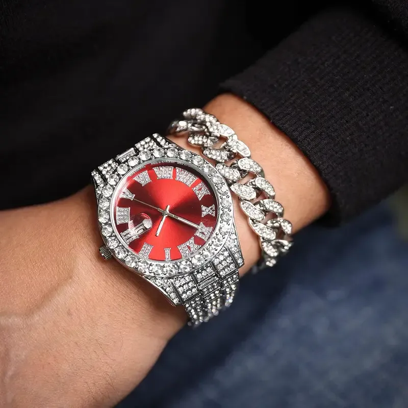 Men's hip-hop quartz watch set with date function, electronic drive, alloy case and strap, street style, hand display, including Cuban bracelet, necklace and gold hip-hop watch - limited-time discount on 3-piece watch set, hurry up and grab it