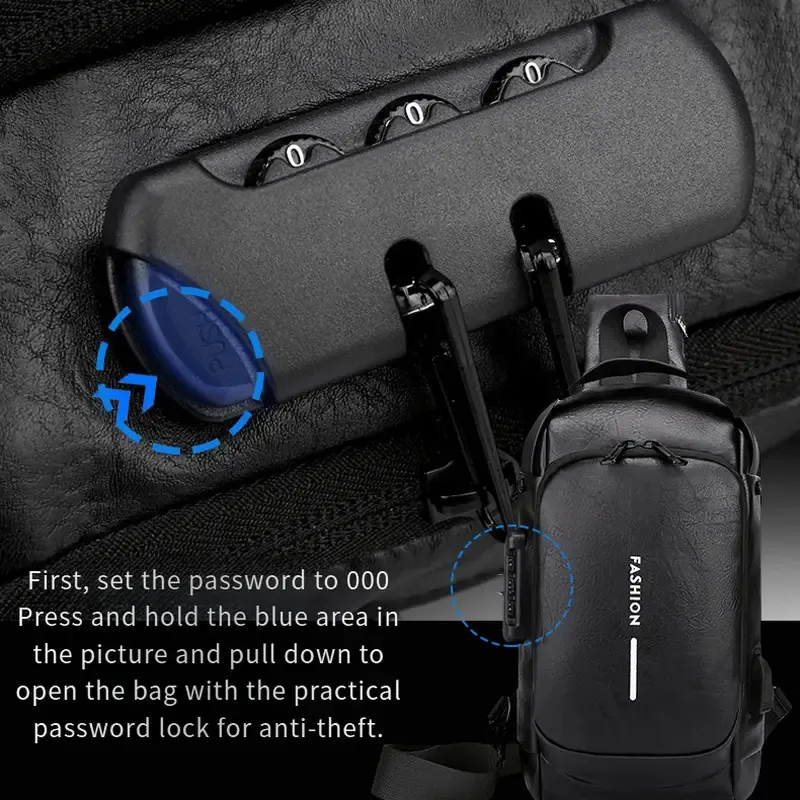 Men's stylish durable PU crossbody bag with security password lock Adjustable shoulder straps for travel, sports, daily commuting