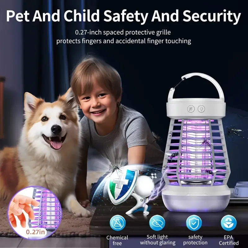 Three-in-one indoor and outdoor insect extermination device, rechargeable wireless mosquito light source, 2000 mAh fly catcher, outdoor adventure, garden, courtyard, camping electronic insect catcher