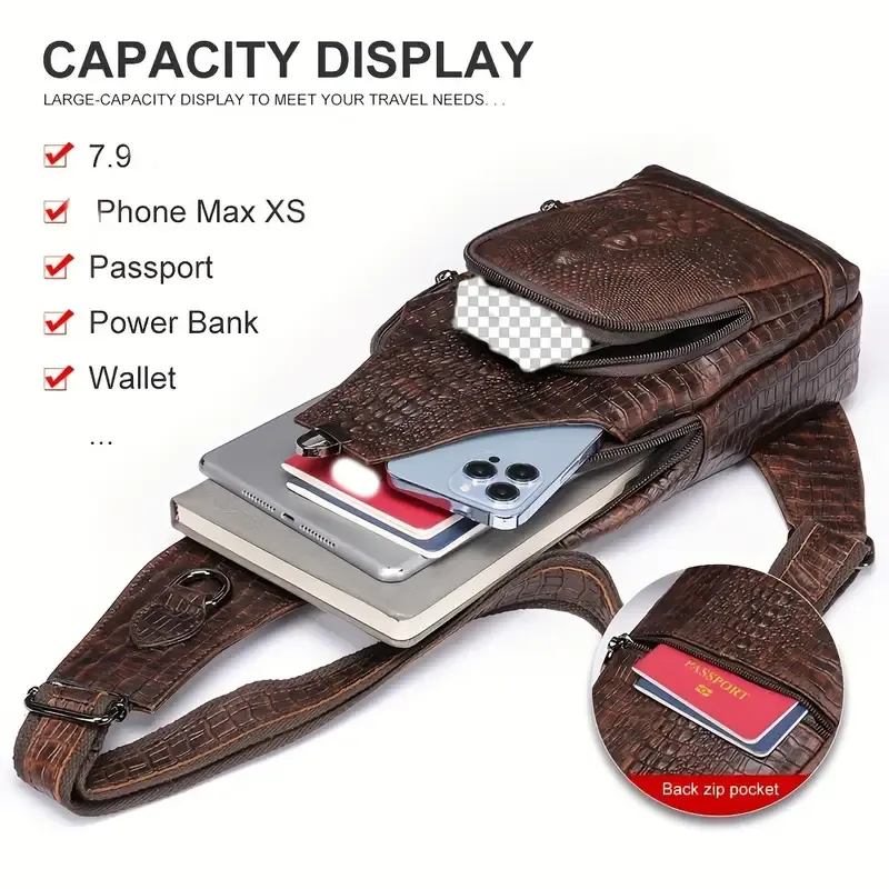 Men'S Vintage-Style Genuine Leather Chest Bag with Crocodile Pattern, Adjustable Strap, Zipper Closure, and Multiple Pockets for Daily Commute, Travel Crossbody Bag|Rugged Design|Enclosed Compartment