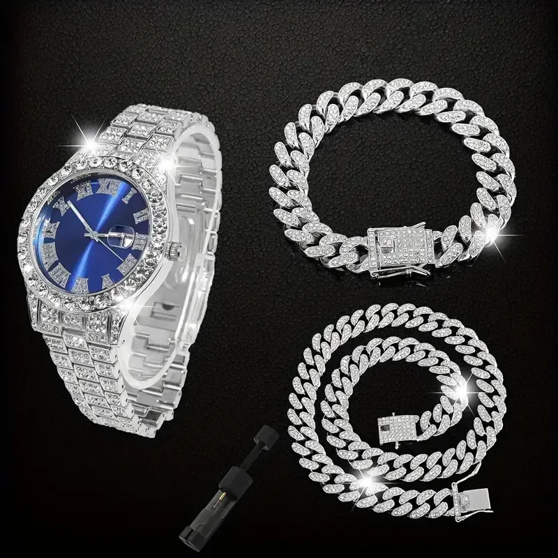 Men's Hip Hop Quartz Watch Set with Date Feature, Electronic Drive, Alloy Case & Band, Street Style, Pointer Display, Includes Cuban Link Chain Necklace & Adjustable Strap Accessory - 4 Piece Jewelry Ensemble 5 sales