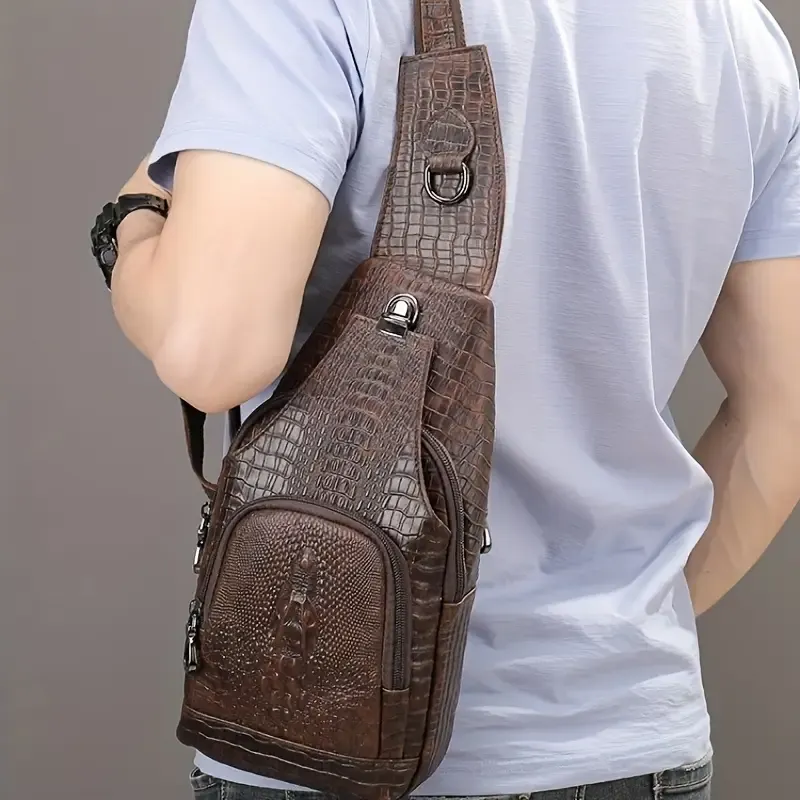 Men'S Vintage-Style Genuine Leather Chest Bag with Crocodile Pattern, Adjustable Strap, Zipper Closure, and Multiple Pockets for Daily Commute, Travel Crossbody Bag|Rugged Design|Enclosed Compartment