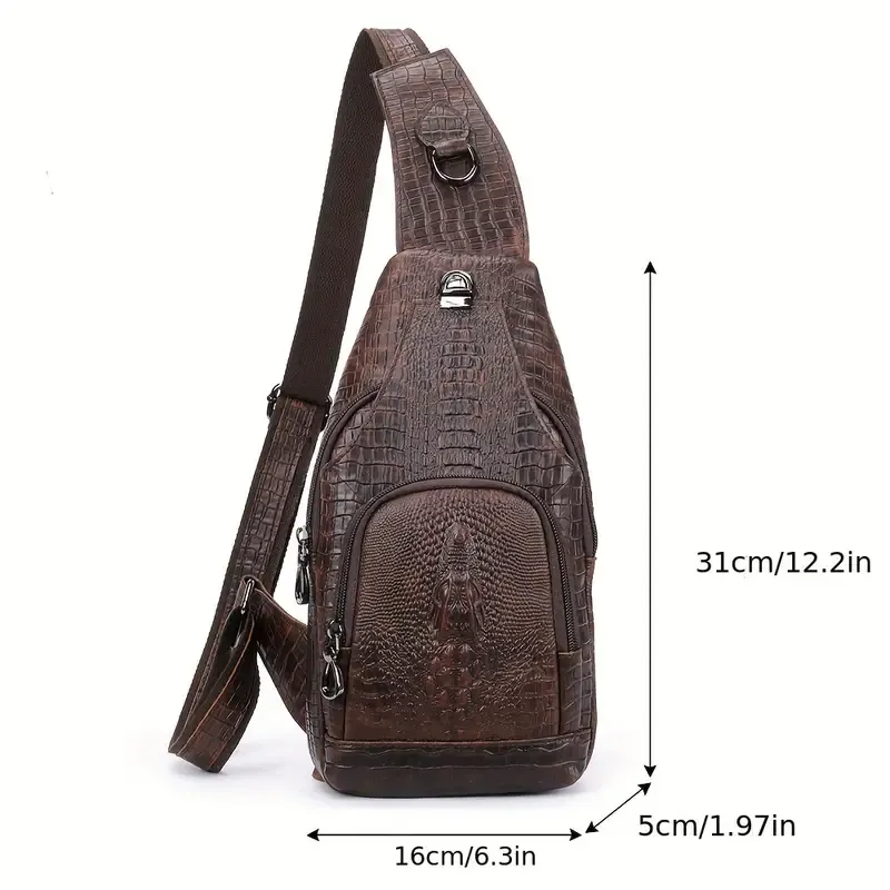 Men'S Vintage-Style Genuine Leather Chest Bag with Crocodile Pattern, Adjustable Strap, Zipper Closure, and Multiple Pockets for Daily Commute, Travel Crossbody Bag|Rugged Design|Enclosed Compartment