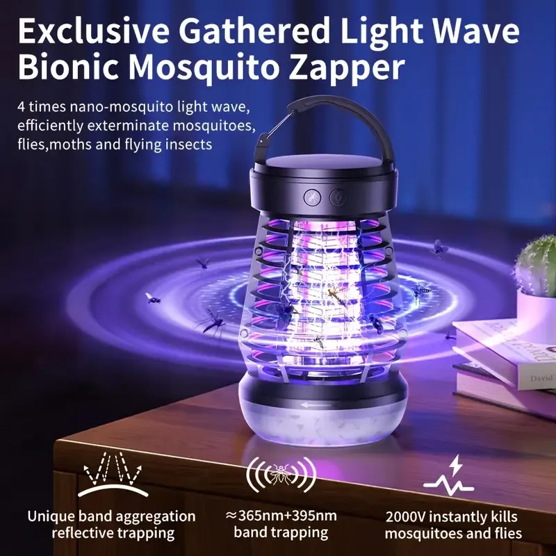Three-in-one indoor and outdoor insect extermination device, rechargeable wireless mosquito light source, 2000 mAh fly catcher, outdoor adventure, garden, courtyard, camping electronic insect catcher