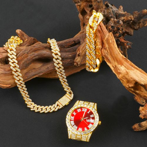 Men's hip-hop quartz watch set with date function, electronic drive, alloy case and strap, street style, hand display, including Cuban bracelet, necklace and gold hip-hop watch - limited-time discount on 3-piece watch set, hurry up and grab it