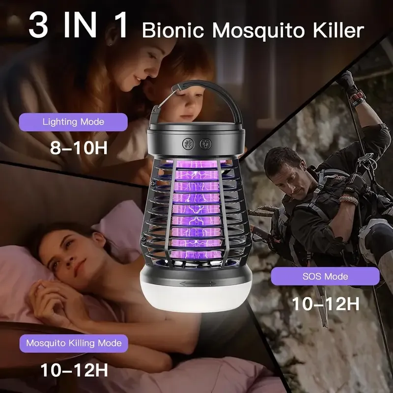 Three-in-one indoor and outdoor insect extermination device, rechargeable wireless mosquito light source, 2000 mAh fly catcher, outdoor adventure, garden, courtyard, camping electronic insect catcher
