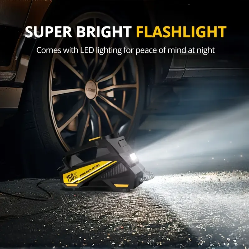 Digital Tire Inflator, Portable Air Compressor Pump with LED Light for Cars, Motorcycles, Bicycles - DC 12V, 150 PSI, Black & Yellow Design, Plug-In Power Supply, No Battery Required, Bicycle Tire Inflator | Sleek Portable Design | Digital Display, High-Pressure Inflator