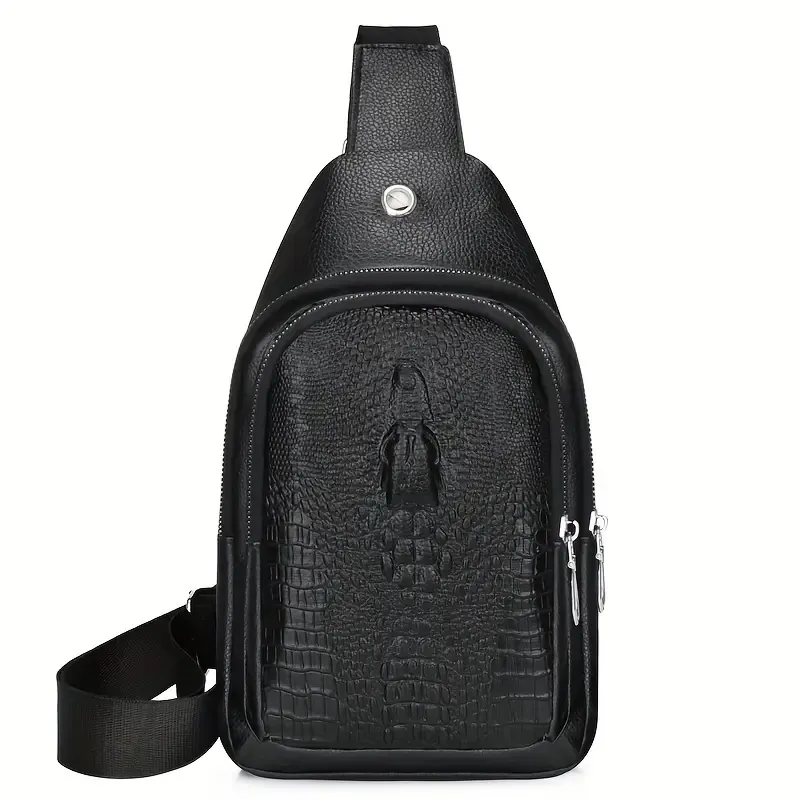 Men's chest bag, leather shoulder bag, crossbody bag, men's crocodile pattern waterproof outdoor travel shoulder bag