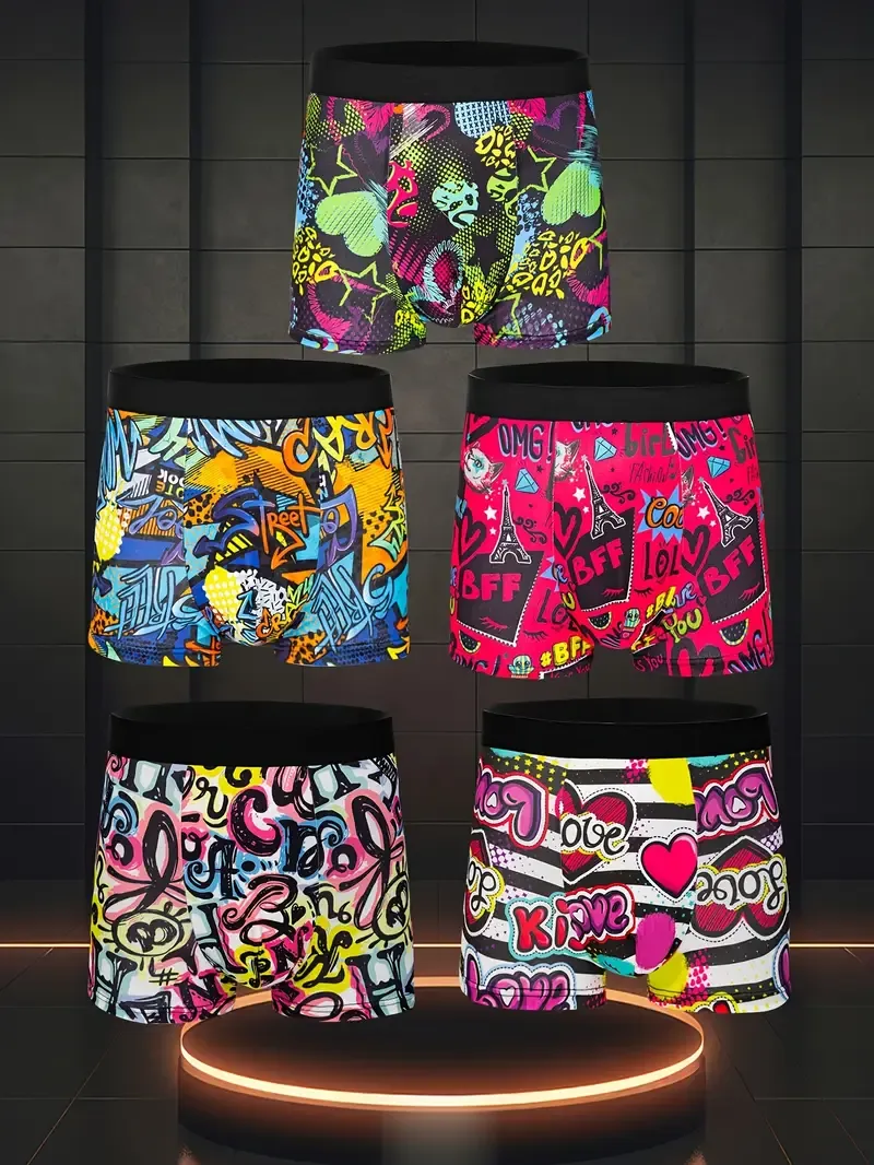 10-Pack Men'S Boxer Briefs, Assorted Trendy Graffiti Prints, Casual Geometric Pattern Underwear, High Stretch Polyester Knit Fabric, 95% Polyester 5% Elastane Shortie Panties