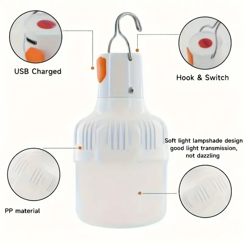 2PCS LED Camping Lights with Hook, USB Rechargeable Mini Portable Outdoor Emergency Light, Lithium Battery Powered Flashlight for Camping, Hiking, Fishing, Home, Party, Indoor and Outdoor Use