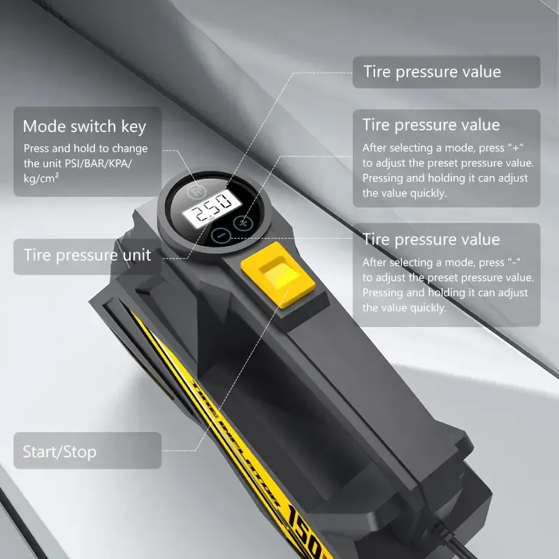 Digital Tire Inflator, Portable Air Compressor Pump with LED Light for Cars, Motorcycles, Bicycles - DC 12V, 150 PSI, Black & Yellow Design, Plug-In Power Supply, No Battery Required, Bicycle Tire Inflator | Sleek Portable Design | Digital Display, High-Pressure Inflator