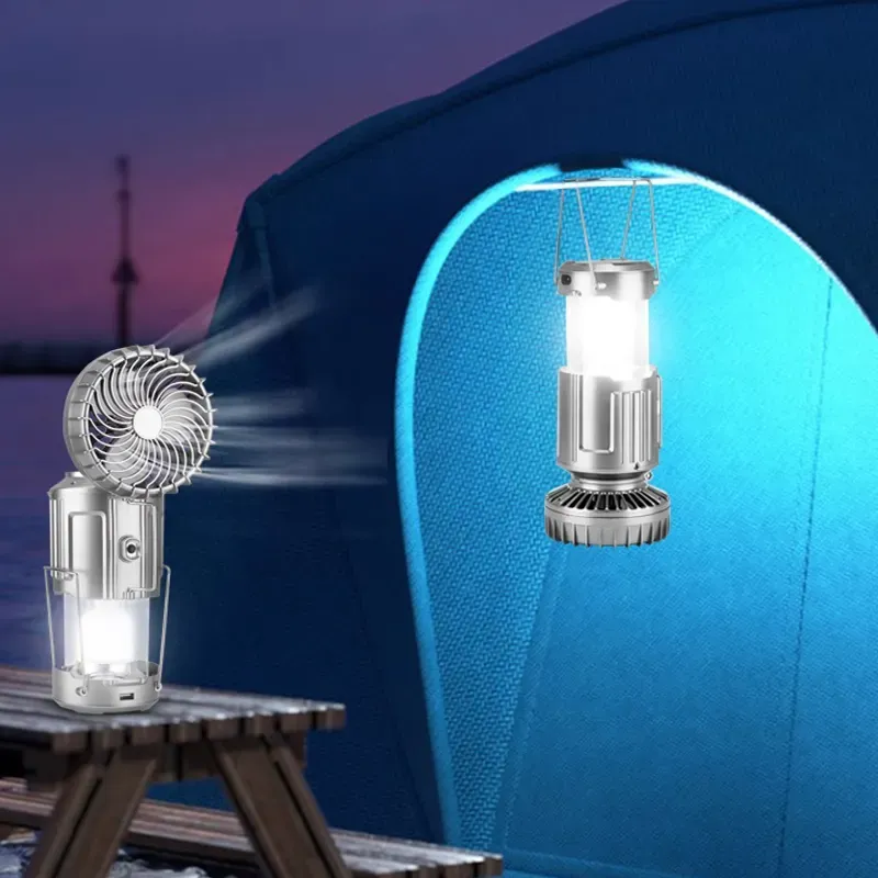 Multifunctional camping light with LED bulb and fan for hiking and outdoor activitiesWaterproof solar portable USB charging plastic fan charging camping light