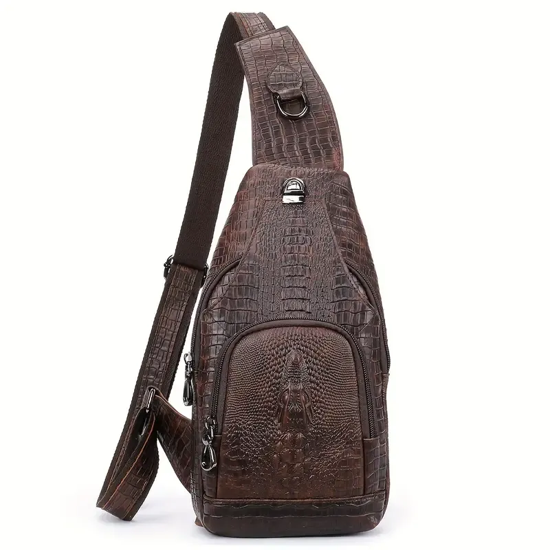 Men'S Vintage-Style Genuine Leather Chest Bag with Crocodile Pattern, Adjustable Strap, Zipper Closure, and Multiple Pockets for Daily Commute, Travel Crossbody Bag|Rugged Design|Enclosed Compartment