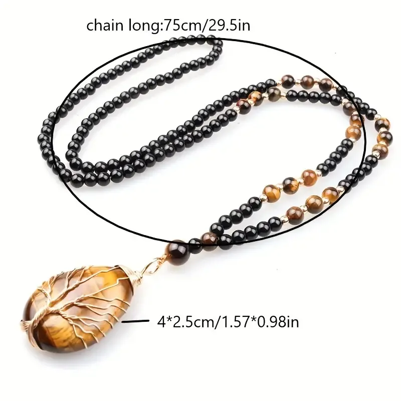 Bohemian Style Natural Tiger's Eye Stone Tree of Life Pendant Necklace for Men and Women – Handcrafted Beaded Jewelry with Oval Amber Stone and Golden Accents, Black and Brownish-Orange Design