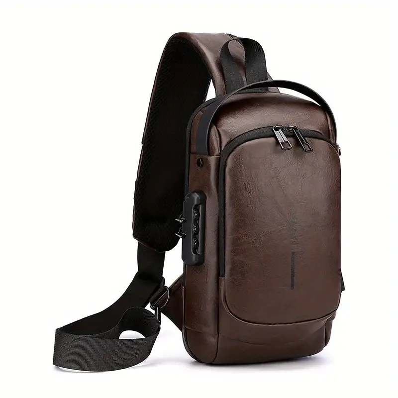 Men's stylish durable PU crossbody bag with security password lock Adjustable shoulder straps for travel, sports, daily commuting