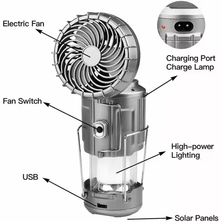 Multifunctional camping light with LED bulb and fan for hiking and outdoor activitiesWaterproof solar portable USB charging plastic fan charging camping light