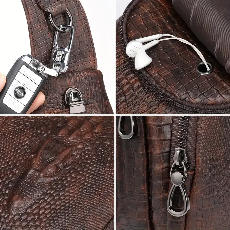 Men'S Vintage-Style Genuine Leather Chest Bag with Crocodile Pattern, Adjustable Strap, Zipper Closure, and Multiple Pockets for Daily Commute, Travel Crossbody Bag|Rugged Design|Enclosed Compartment