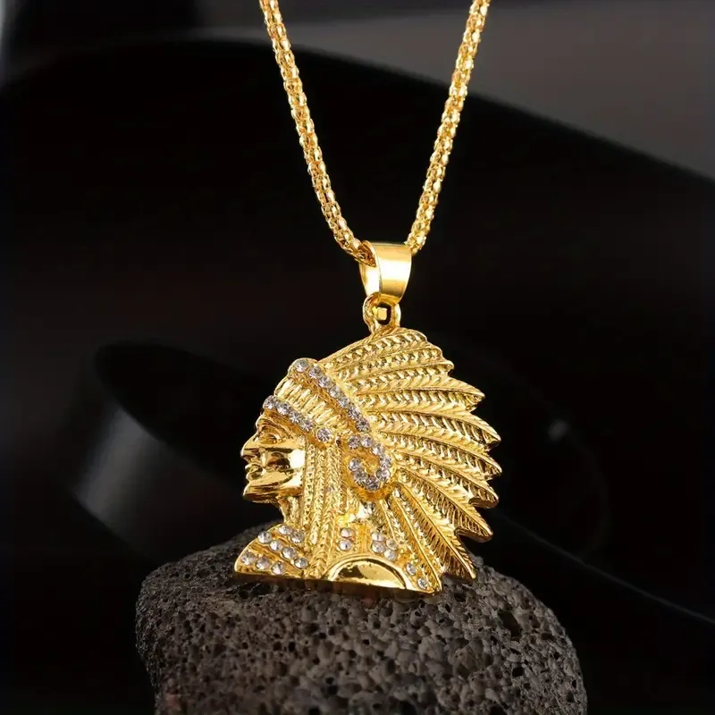 A men's retro creative portrait pendant necklace - with a golden metal strap and exquisite feather and beaded design, it is suitable for both casual and formal occasions. It is a unique holiday gift with a modern contrast style and fine craftsmanship