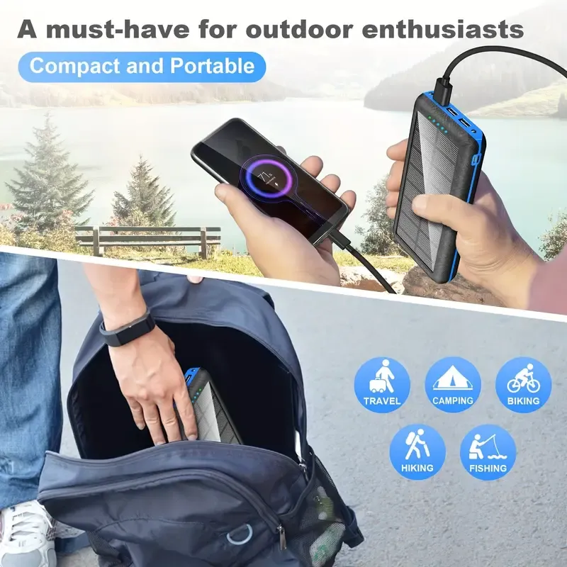 Solar power bank 10000mAh portable mobile power supply, with LED smart display, outdoor emergency power reserve, large-capacity mobile power supply, two-way fast charging, can charge multiple devices at the same time,