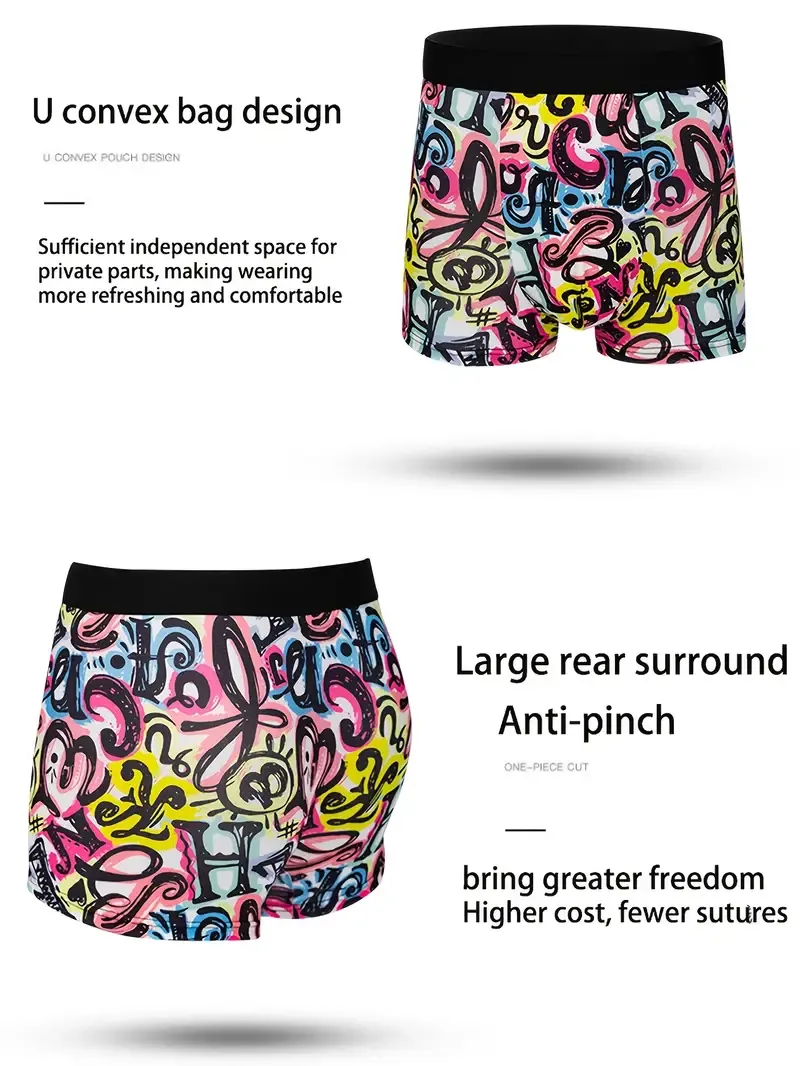 10-Pack Men'S Boxer Briefs, Assorted Trendy Graffiti Prints, Casual Geometric Pattern Underwear, High Stretch Polyester Knit Fabric, 95% Polyester 5% Elastane Shortie Panties