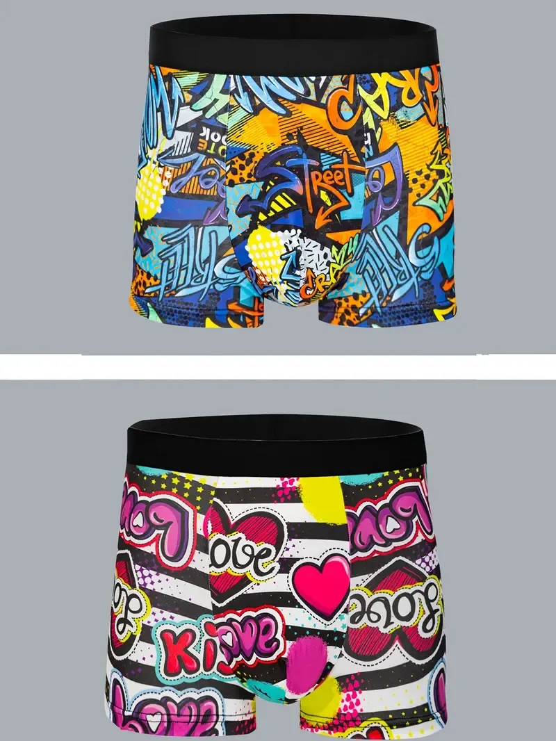 10-Pack Men'S Boxer Briefs, Assorted Trendy Graffiti Prints, Casual Geometric Pattern Underwear, High Stretch Polyester Knit Fabric, 95% Polyester 5% Elastane Shortie Panties