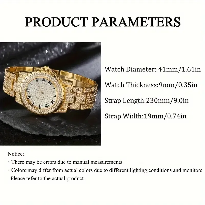 2pcs set Luxury Stainless Steel Men's Rhinestone Quartz Watch  Bracelet  Equipped With Durable Alloy Case, Precise Quartz Movement, Roman Numeral Circular Dial, and Fashionable Gift