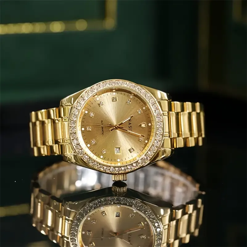 The New Automatic Mechanical Watch For Men, With Multiple Functions, Is A Stylish Business Brand Genuine Mechanical Watch For Men, Golden In Color.