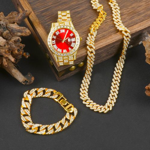 Men's hip-hop quartz watch set with date function, electronic drive, alloy case and strap, street style, hand display, including Cuban bracelet, necklace and gold hip-hop watch - limited-time discount on 3-piece watch set, hurry up and grab it