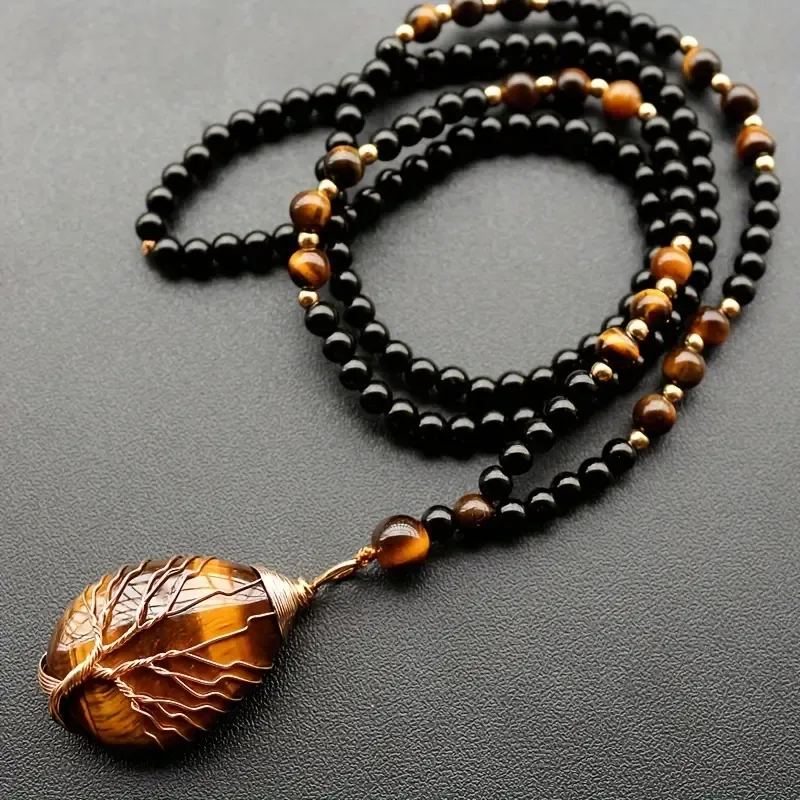 Bohemian Style Natural Tiger's Eye Stone Tree of Life Pendant Necklace for Men and Women – Handcrafted Beaded Jewelry with Oval Amber Stone and Golden Accents, Black and Brownish-Orange Design
