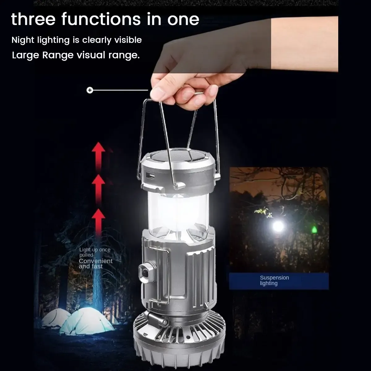 Multifunctional camping light with LED bulb and fan for hiking and outdoor activitiesWaterproof solar portable USB charging plastic fan charging camping light