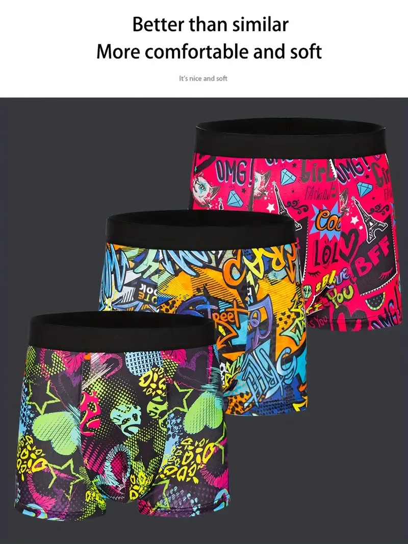10-Pack Men'S Boxer Briefs, Assorted Trendy Graffiti Prints, Casual Geometric Pattern Underwear, High Stretch Polyester Knit Fabric, 95% Polyester 5% Elastane Shortie Panties