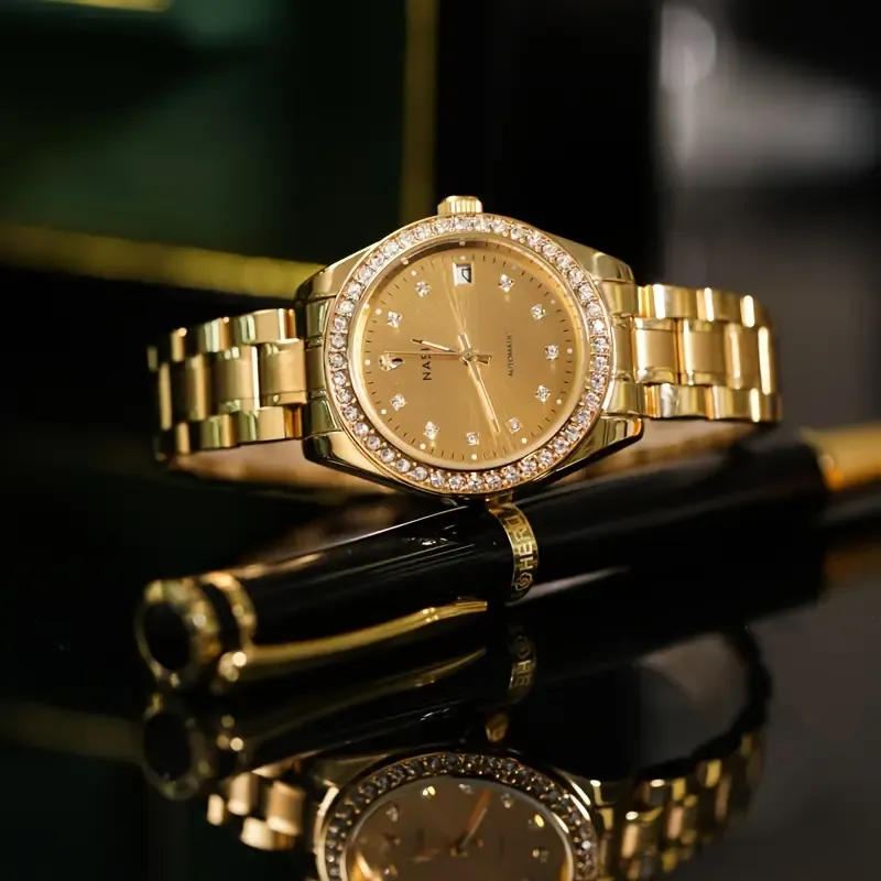The New Automatic Mechanical Watch For Men, With Multiple Functions, Is A Stylish Business Brand Genuine Mechanical Watch For Men, Golden In Color.