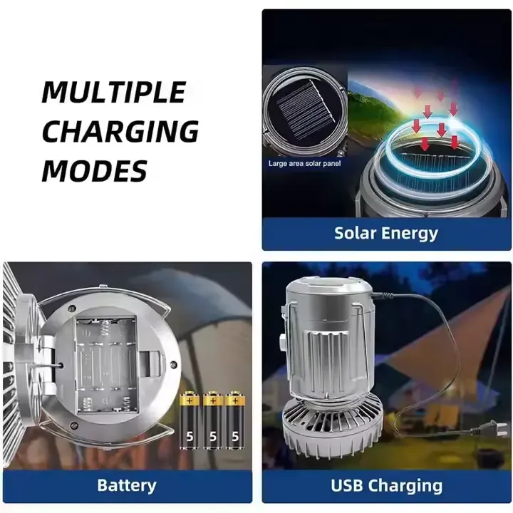 Multifunctional camping light with LED bulb and fan for hiking and outdoor activitiesWaterproof solar portable USB charging plastic fan charging camping light