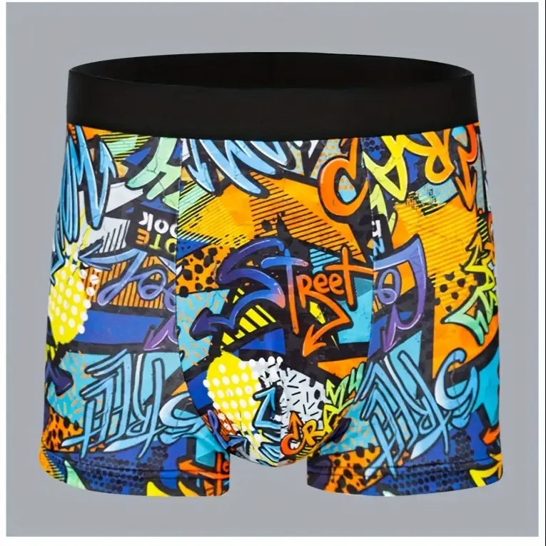 10-Pack Men'S Boxer Briefs, Assorted Trendy Graffiti Prints, Casual Geometric Pattern Underwear, High Stretch Polyester Knit Fabric, 95% Polyester 5% Elastane Shortie Panties