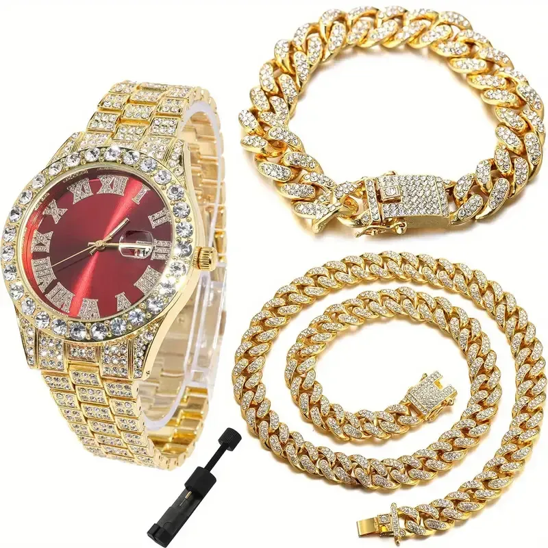 Men's Hip Hop Quartz Watch Set with Date Feature, Electronic Drive, Alloy Case & Band, Street Style, Pointer Display, Includes Cuban Link Chain Necklace & Adjustable Strap Accessory - 4 Piece Jewelry Ensemble 5 sales