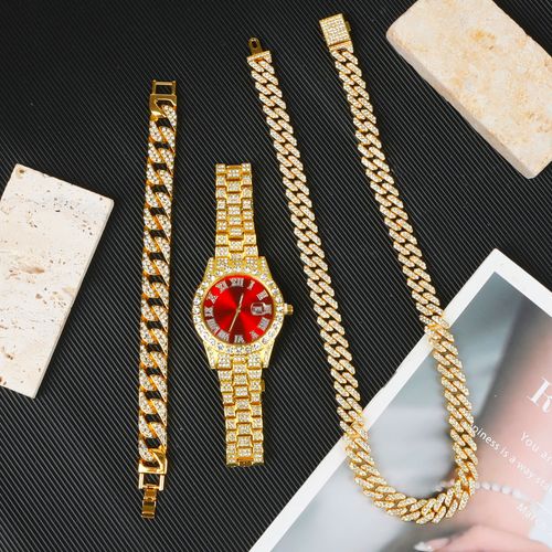 Men's hip-hop quartz watch set with date function, electronic drive, alloy case and strap, street style, hand display, including Cuban bracelet, necklace and gold hip-hop watch - limited-time discount on 3-piece watch set, hurry up and grab it