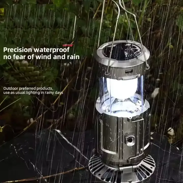 Multifunctional camping light with LED bulb and fan for hiking and outdoor activitiesWaterproof solar portable USB charging plastic fan charging camping light
