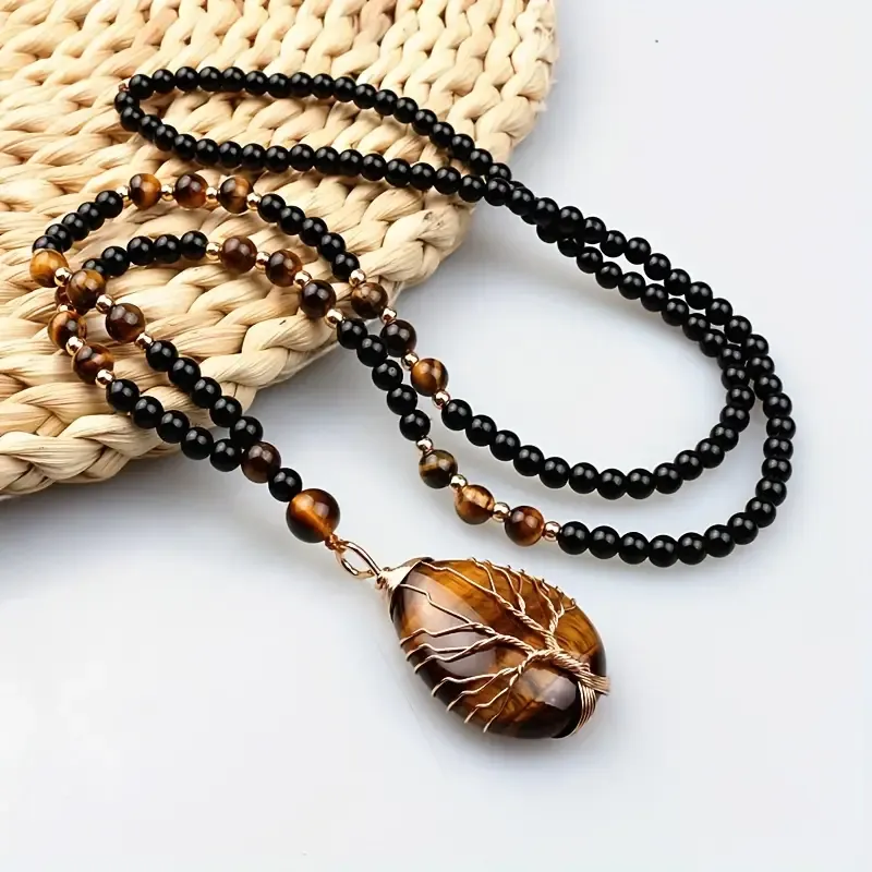 Bohemian Style Natural Tiger's Eye Stone Tree of Life Pendant Necklace for Men and Women – Handcrafted Beaded Jewelry with Oval Amber Stone and Golden Accents, Black and Brownish-Orange Design