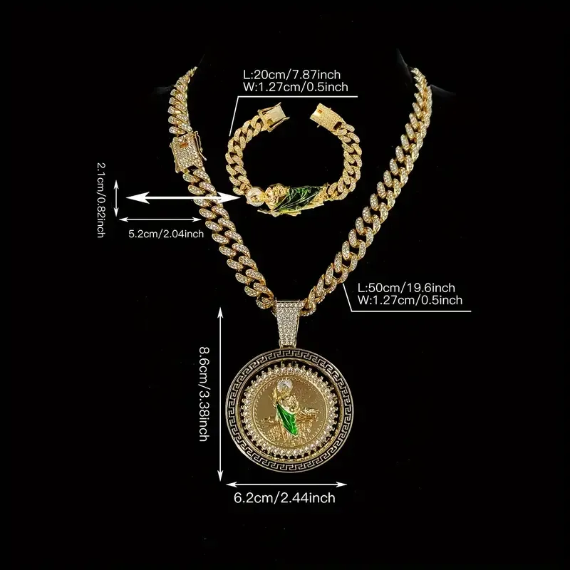 Fashion Watch Set St. Jude Rotating Coin Pendant & Bracelet&Watch Set - 3pcs Iced-Out Rhinestone Fashion Jewelry for Men and Women