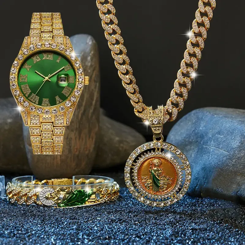 Fashion Watch Set St. Jude Rotating Coin Pendant & Bracelet&Watch Set - 3pcs Iced-Out Rhinestone Fashion Jewelry for Men and Women