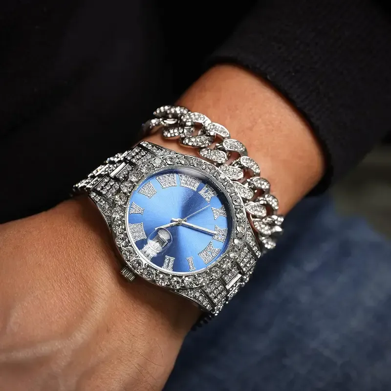 Men's hip-hop quartz watch set with date function, electronic drive, alloy case and strap, street style, hand display, including Cuban bracelet, necklace and gold hip-hop watch - limited-time discount on 3-piece watch set, hurry up and grab it