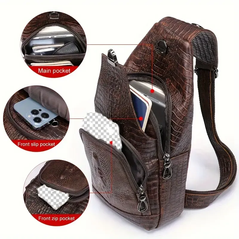 Men'S Vintage-Style Genuine Leather Chest Bag with Crocodile Pattern, Adjustable Strap, Zipper Closure, and Multiple Pockets for Daily Commute, Travel Crossbody Bag|Rugged Design|Enclosed Compartment