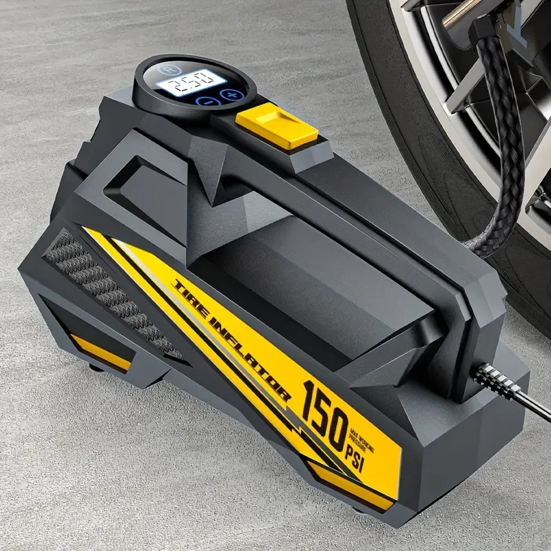 Digital Tire Inflator, Portable Air Compressor Pump with LED Light for Cars, Motorcycles, Bicycles - DC 12V, 150 PSI, Black & Yellow Design, Plug-In Power Supply, No Battery Required, Bicycle Tire Inflator | Sleek Portable Design | Digital Display, High-Pressure Inflator