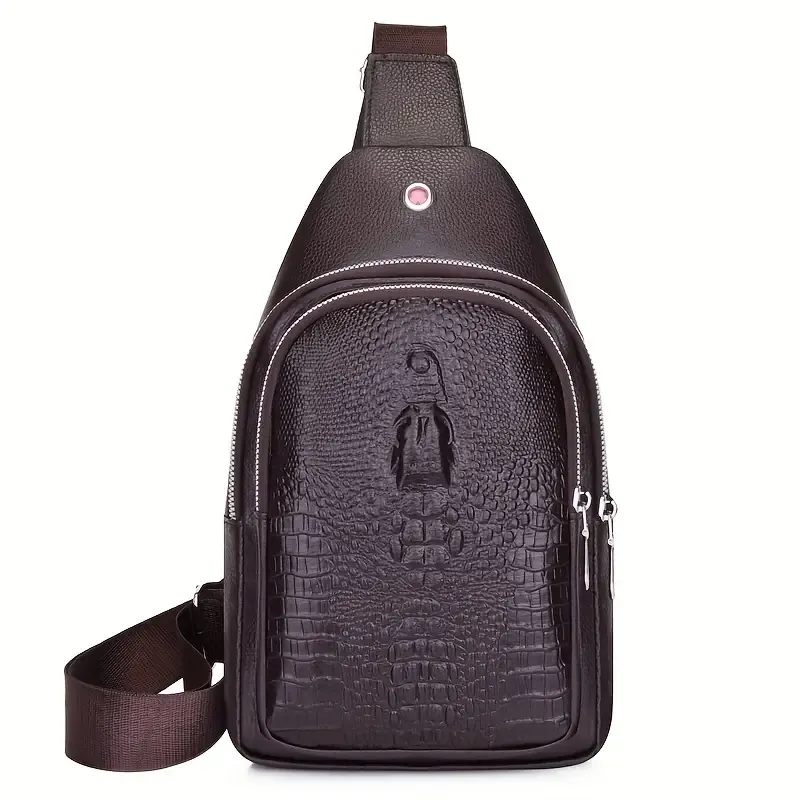 Men's chest bag, leather shoulder bag, crossbody bag, men's crocodile pattern waterproof outdoor travel shoulder bag