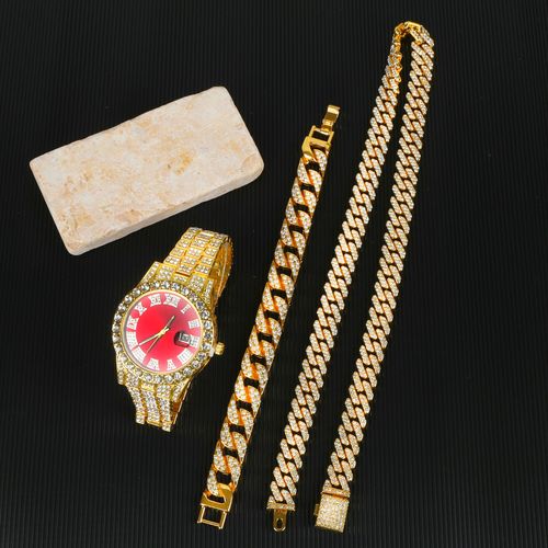Men's hip-hop quartz watch set with date function, electronic drive, alloy case and strap, street style, hand display, including Cuban bracelet, necklace and gold hip-hop watch - limited-time discount on 3-piece watch set, hurry up and grab it