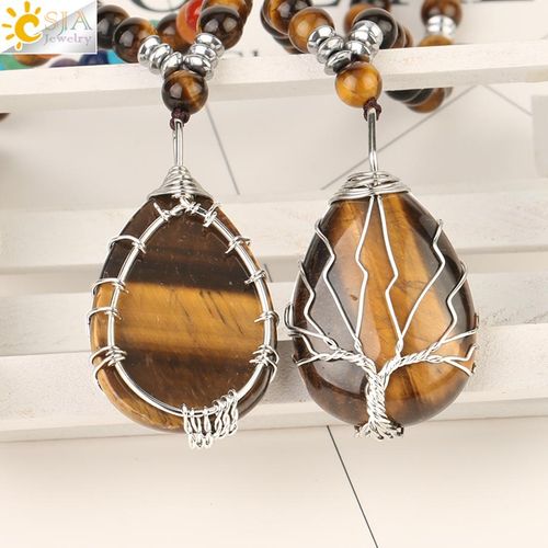Bohemian Style Natural Tiger's Eye Stone Tree of Life Pendant Necklace for Men and Women – Handcrafted Beaded Jewelry with Oval Amber Stone and Golden Accents, Black and Brownish-Orange Design