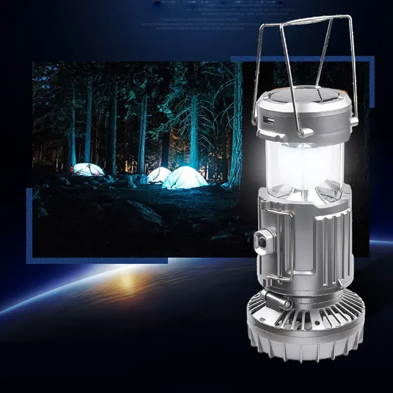 Multifunctional camping light with LED bulb and fan for hiking and outdoor activitiesWaterproof solar portable USB charging plastic fan charging camping light